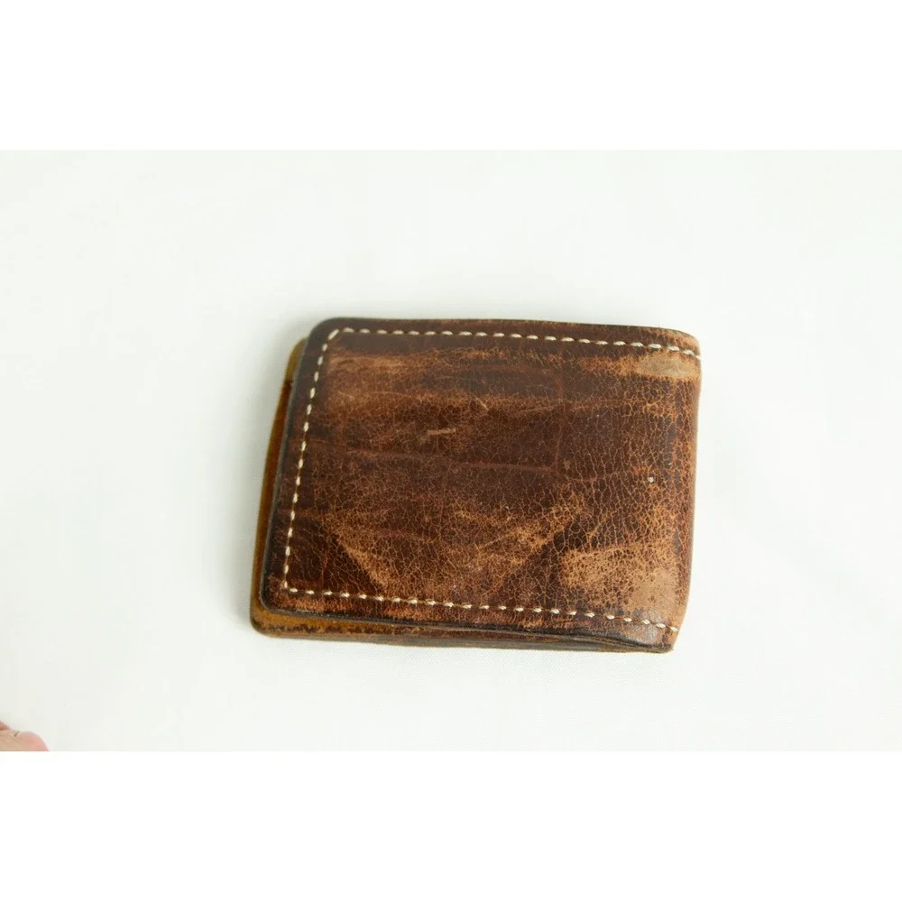 Vintage Distressed Brown Leather Bifold Wallet Contrast Stitch Minimalist Carry